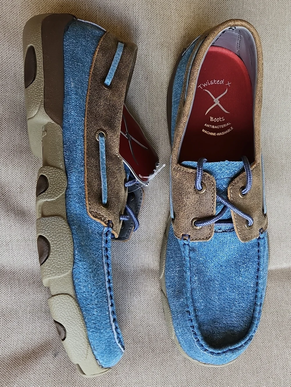 TWISTED X BOOTS Boat Shoe Driving Moc Bomber 100% Leather Denim Look Men's 10.5